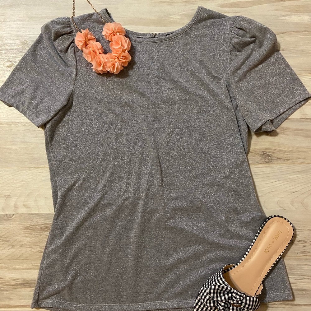 Express Glitter Silver Puff Sleeve Blouse